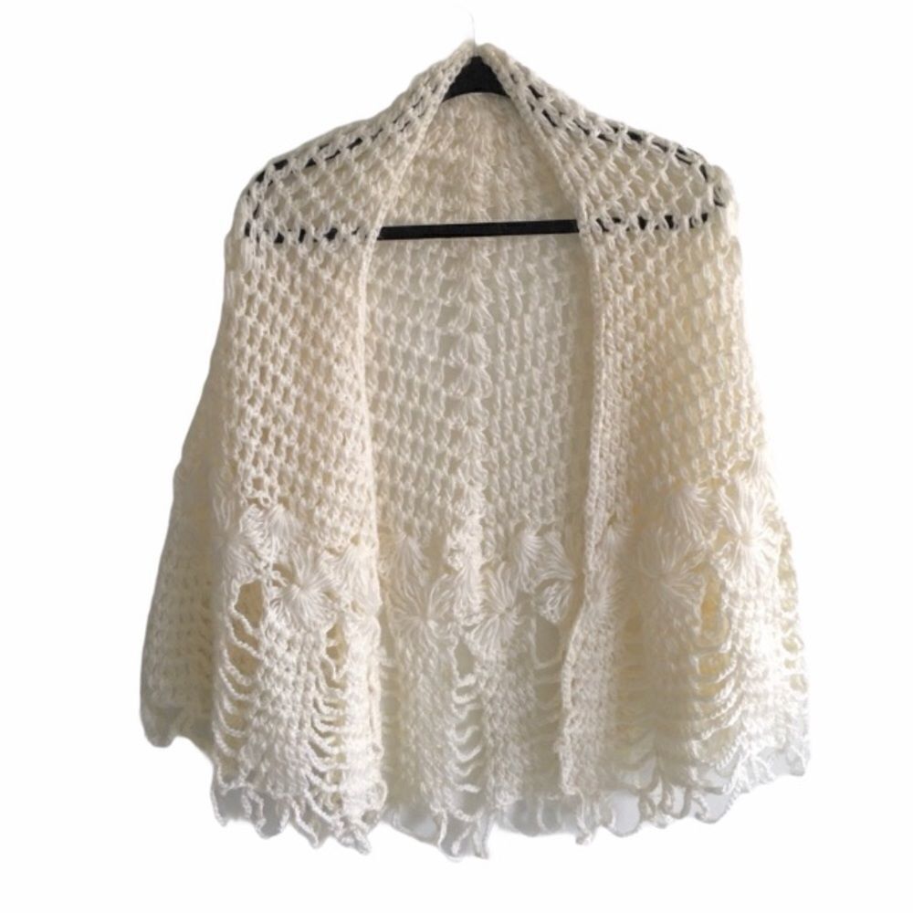 đť…şHand Knit Boho Crochet Shawl Wrap Cardigan Sweater Cream One Size